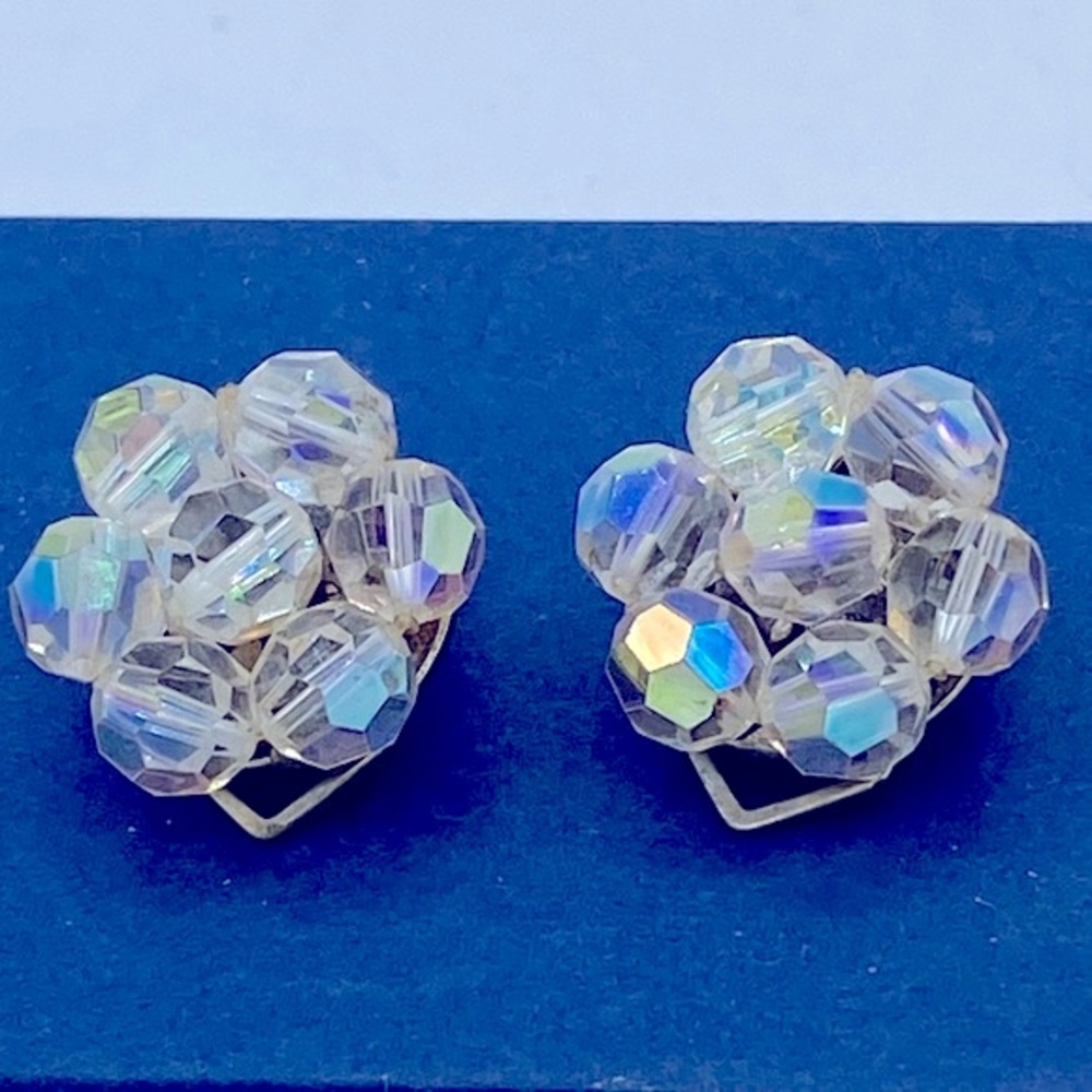 Vintage Aurora Borealis AB Crystal Floral Clip On Earrings Made In Italy (3)